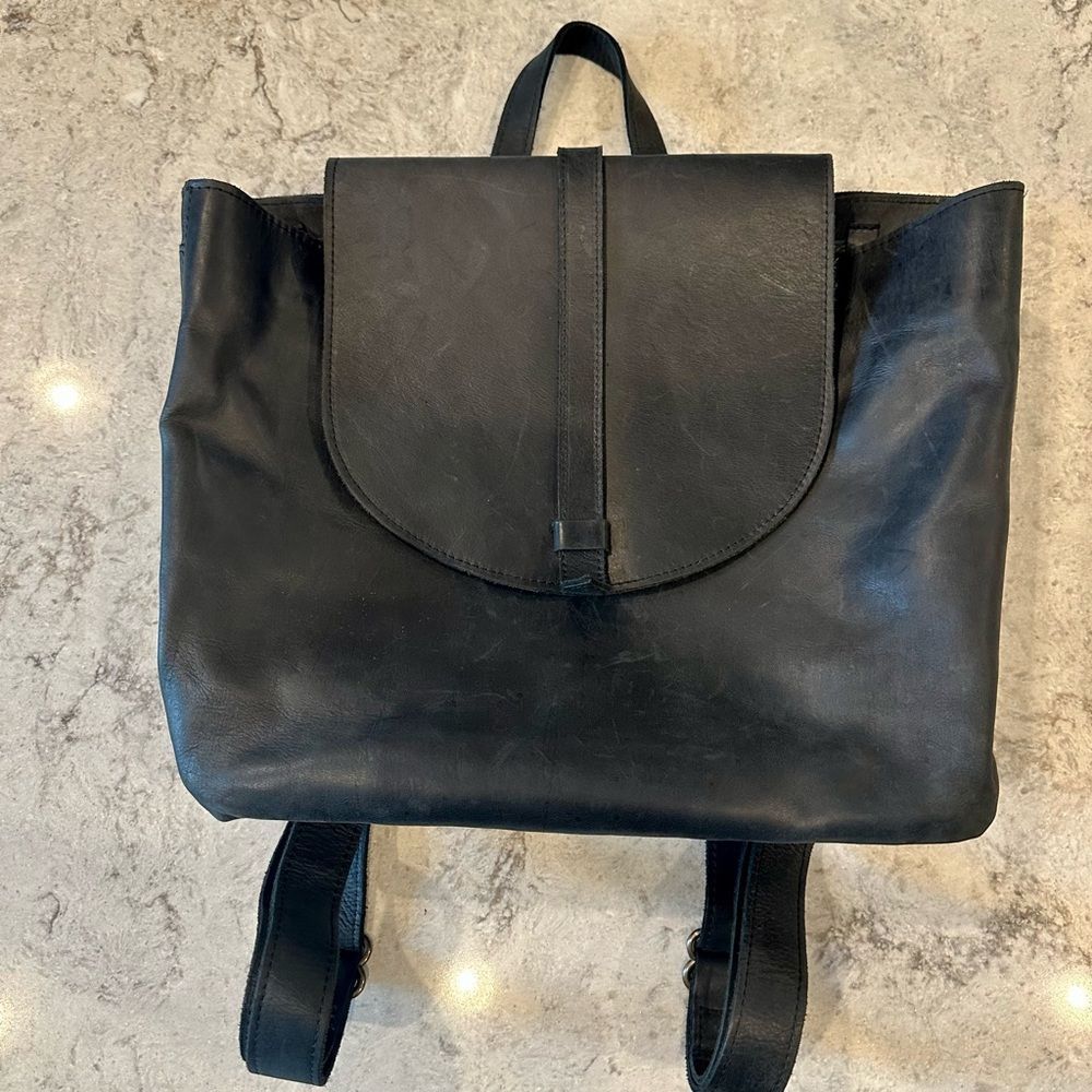 ABLE Large Black Leather Kene Backpack